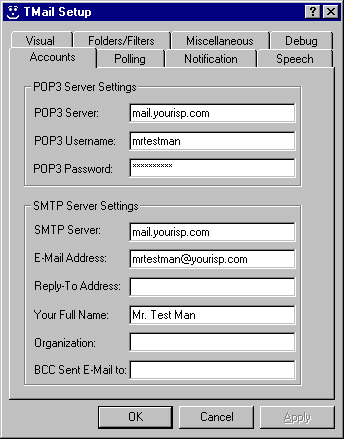 Setup window for account info